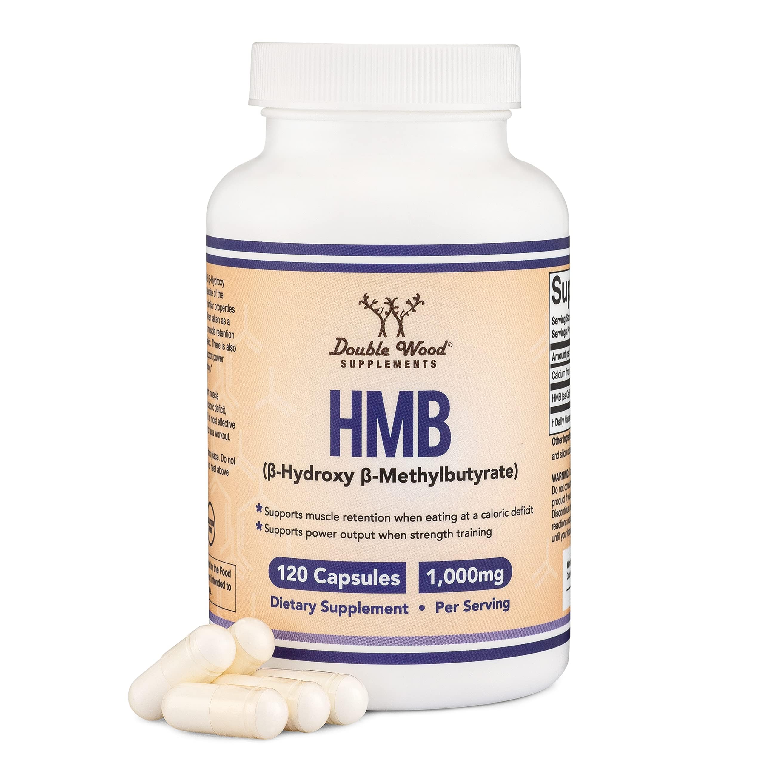 Double Wood Supplements HMB Supplement, Third Party Tested, Non-GMO, Gluten Free, 120 Capsules, 1000mg per Serving, 500mg per Capsule