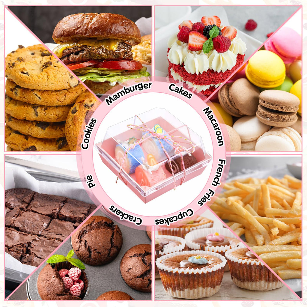 Jetec 50 Pack Charcuterie Boxes with Clear Lids and Rope 4 Inches Cake Disposable Square Dessert Food Box Containers with Lids for Bakery Macaron Cookies Strawberries Fruits Display (Pink)