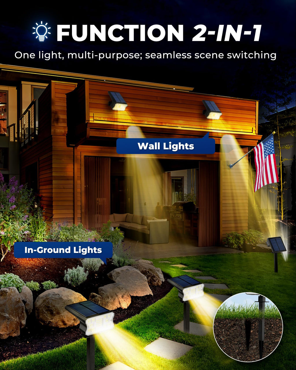 HGGH Solar Lights Outdoor Waterproof IP67, 60 LED 3 Lighting Modes Solar Spot Lights Outdoor for Yard Garden Pathway Landscape, Auto On/Off, Function 2 in 1(Warm White, 4 Pack)