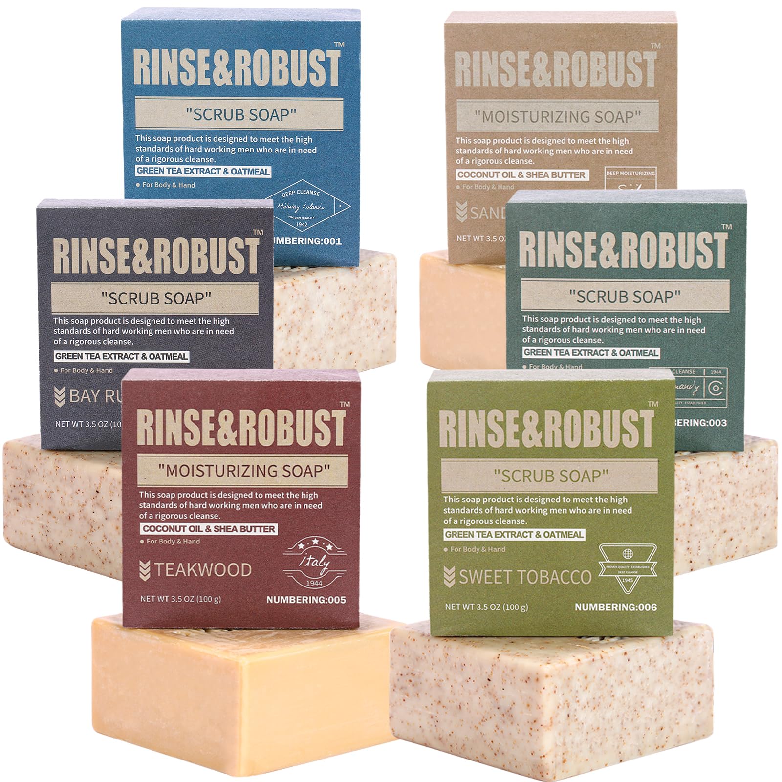 Rinse & Robust Mens Natural Bar Soap 6Pcs Handmade Cleansing Soap Bar Set Moisturizing&Exfoliating Scrub Soap Gifts for Men 6 Different Scents 3.5 oz of 6 Bars