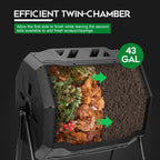 F2C Compost Bin Outdoor 43 Gallon Garden Dual Chamber Composter Bin - Bundled with Pearson's Gardening Gloves, BPA Free, Heavy-Duty Steel Frame, Rotating Tumbler with Sliding Doors -Black