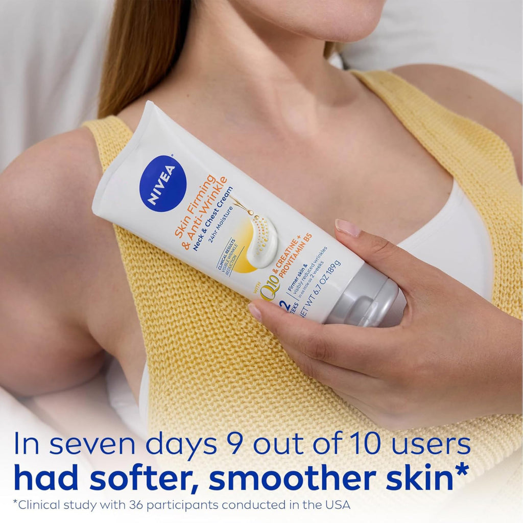 NIVEA Skin Firming & Anti Wrinkle Neck & Chest Cream with Coenzyme Q10, Creatine and Provitamin B5, Skin Firming Cream Reduces the Look of Fine Lines and Wrinkles, 6.7 Oz Tube
