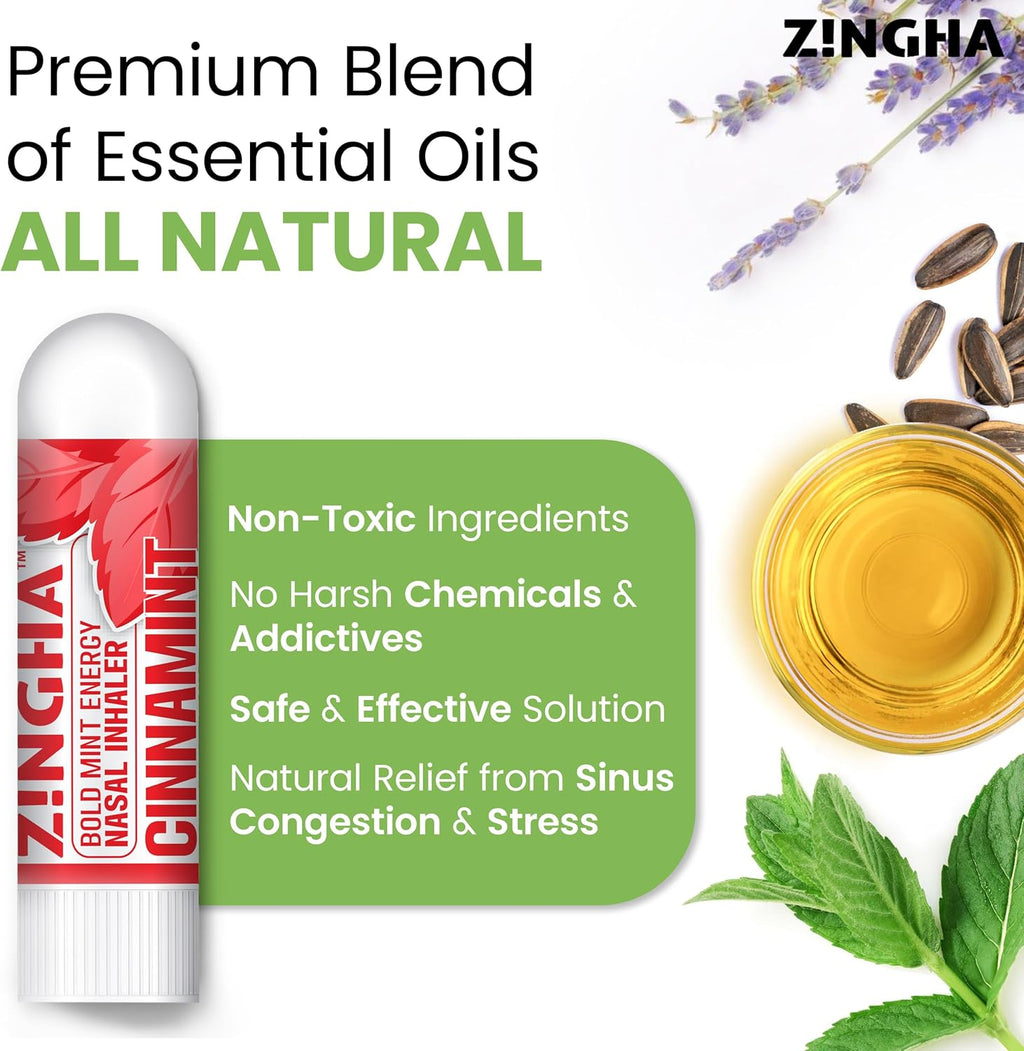 Natural Aromatherapy Nasal Inhaler Stick for Sinus Relief, Focus & Stress Relief | Portable Dual-Hole Essential Oil Blend (4PK, Spearmint)