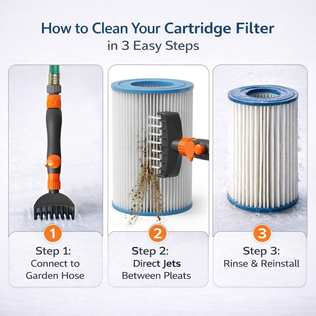 Concy Pool & Spa Cartridge Filter Cleaner – 7-Jet Comb Cleaning Wand for Deep Pleat Cleaning, Hose-Powered, Pleat-Safe Design, Fits Standard Garden Hoses