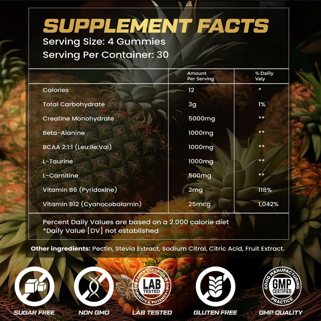 ZyterX Creatine Monohydrate Gummies for Men & Women, 9000MG Creatine Gummies Sugar Free with L-Taurine, BCAA 2:1, B12 B6 for Boost Strength, Focus & Endurance, Vegan, Non-GMO, Pineapple 120pcs