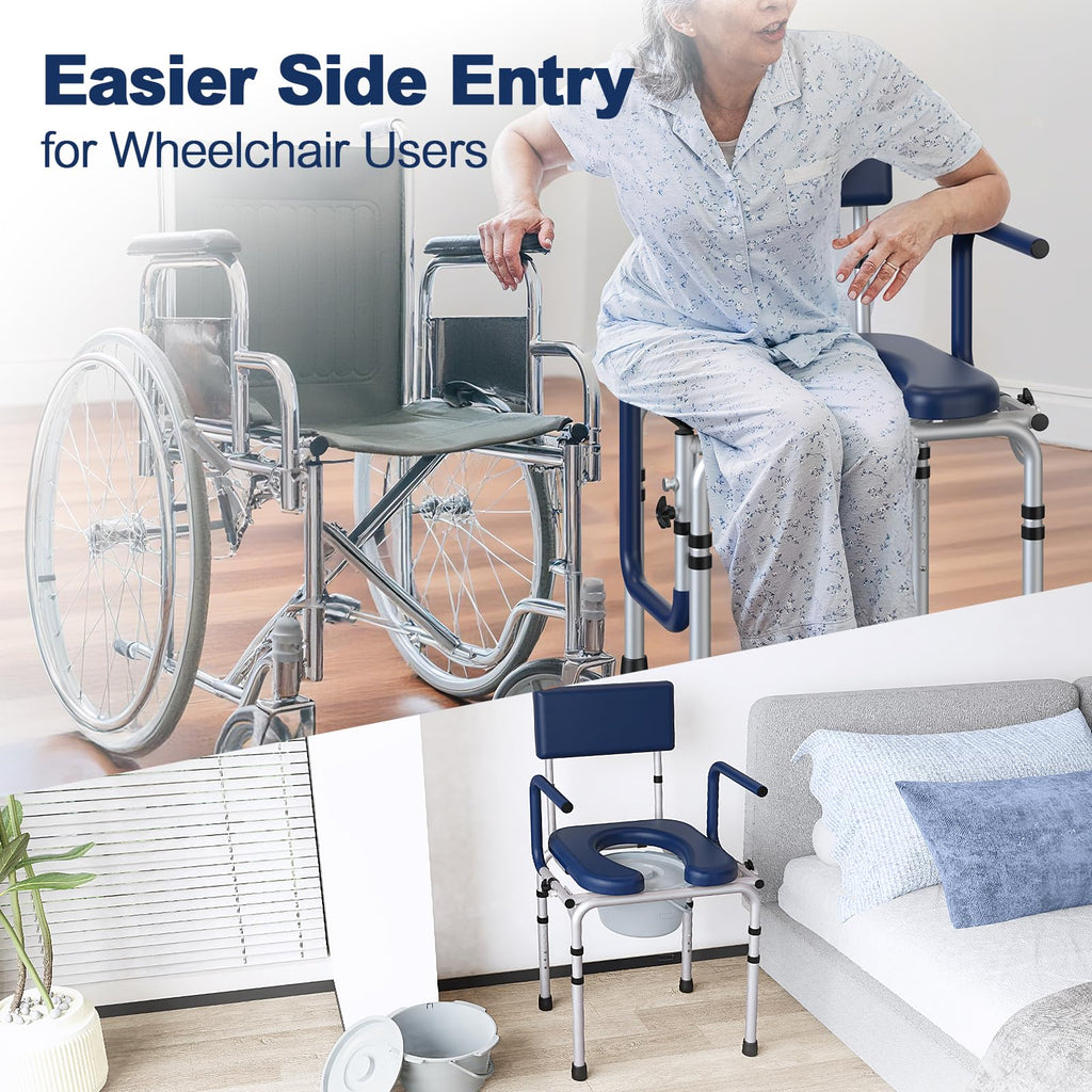 HolyHeal Drop Arm Bedside Commode, Commode Toilet with Padded Seat and Backrest, 300lbs Capacity, 6.3QT Removable Bucket and Splash Guard, Adjustable Height Portable Toilet for Adults, Blue
