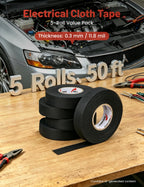 RED WOLF Wiring Harness Tape High Temp Wire Cable Loom Self-Adhesive Fabric Tape for Electrical Automotive Engine Harness Wrap Protection Noise Damping Cables Fixed 3/4 Inch x 50 FT 5 Rolls