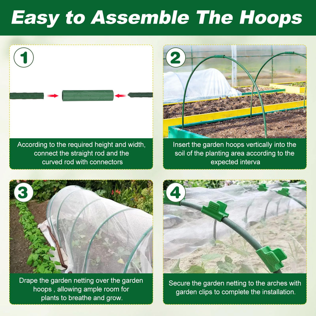 Fippy Garden Netting Kit, 10 X 50FT Garden Netting Pest Barrier with 10 Sets Garden Hoops and 20pcs Clips, Insect Netting Row Cover for Raised Beds Vegetable Fruits Flowers Protection