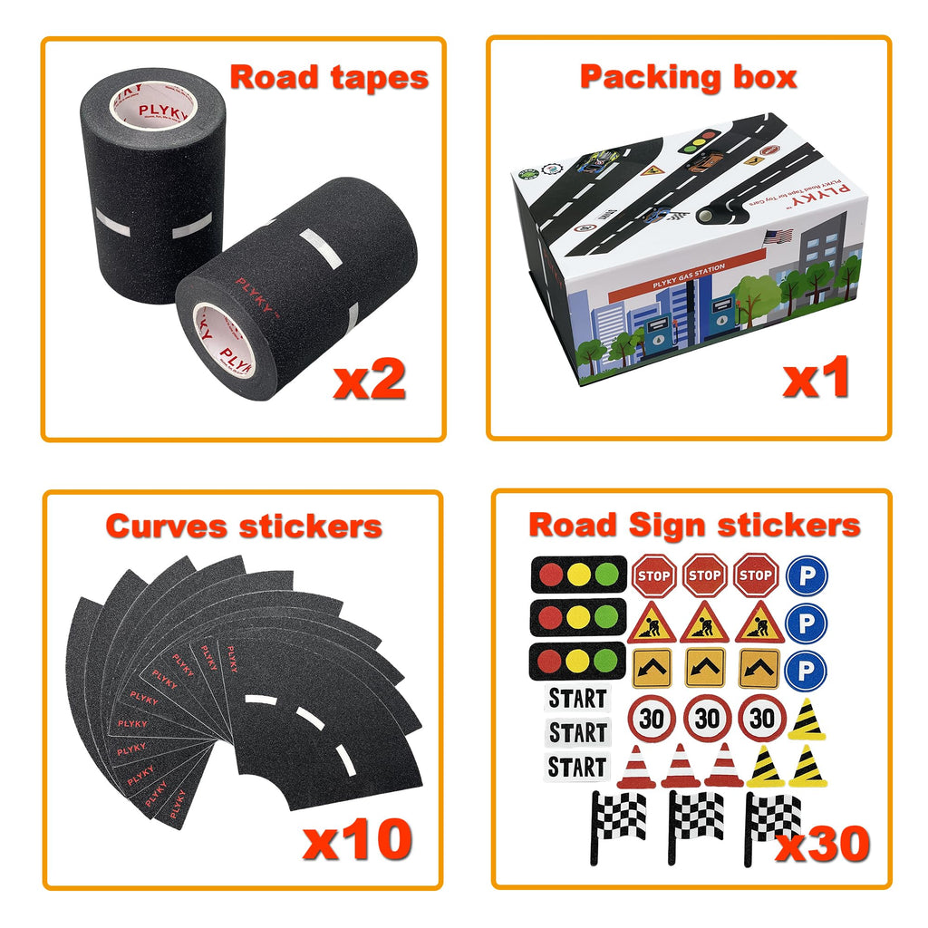 Deluxe Road Tape Play Set - 2x33ft Extended Track with Curves, 30 Traffic Sign Stickers & Durable Drawer Box - Versatile Car Track Tape for Kids, Creative Toy Car Track & Car Track Rug Alternative