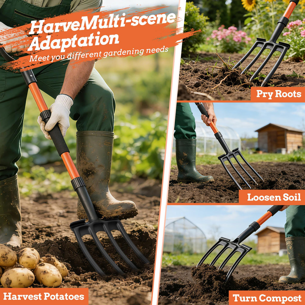 Garden Fork for Digging, 4-Tine Pitch Fork with Foot Step, Ergonomic Y-Handle & Comfortable Grip, Lightweight Durable Pitchfork for Soil Loosening, Compost, Mulch, Weeding & Potato Harvest - 43 Inches
