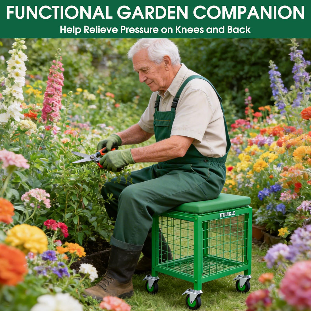 TITIUNCLE Rolling Garden Work Seat w/Wheels, 500 Lbs Garden Cart with Seat