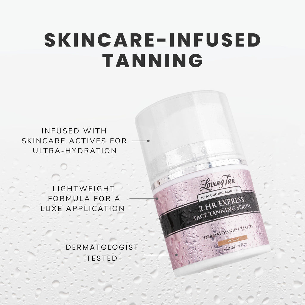 Loving Tan NEW 2 Hr Express Face Tanning Serum, Medium - Hydrating, Natural-Looking Glow Sunless Self Tanner, Dermatologist Tested, Lightweight, Naturally Derived DHA, Vegan & Cruelty-Free - 1 fl oz