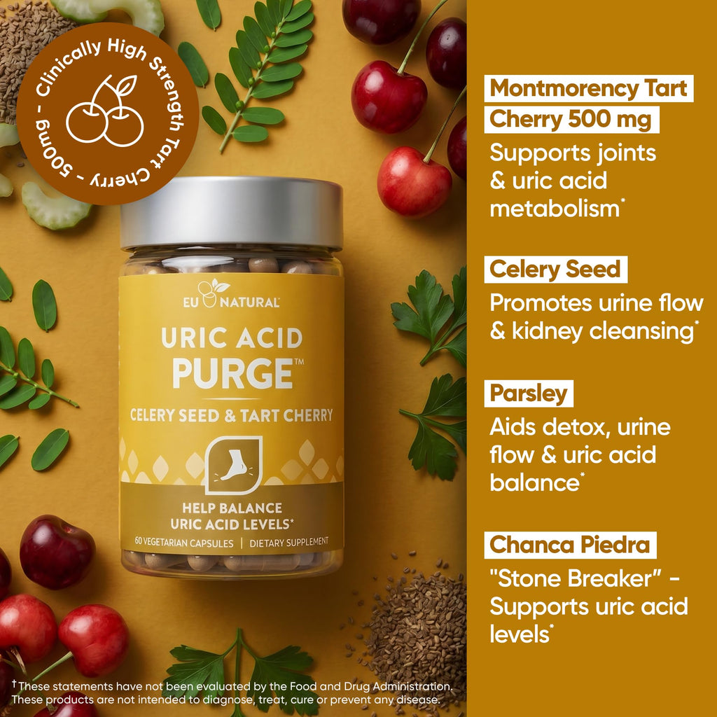 Eu Natural Purge Uric Acid Flush - Eat & Drink What You Want - Uric Acid Support for Joints & Mobility with Celery Seed, Tart Cherry & Chanca Piedra - 60 Vegetarian Capsules
