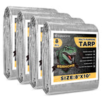 Tarps Waterproof 8x10 Feet, 4 Pack Heavy Duty Silver Tarp Cover 8 Mil Thick, Resistant Plastic Tarpaulin with Metal Grommets, Outdoor Tent Cover for Emergency Rain