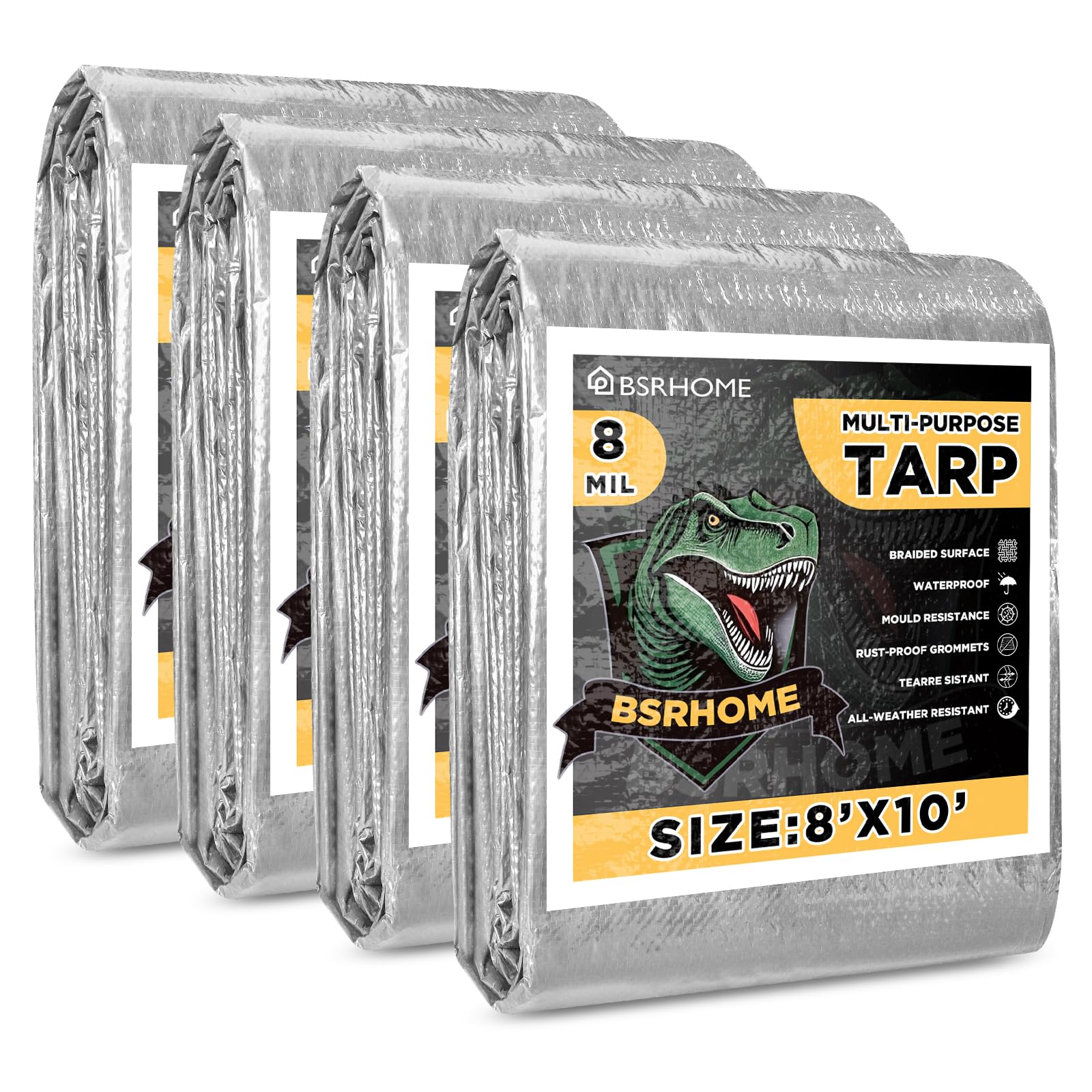 Tarps Waterproof 8x10 Feet, 4 Pack Heavy Duty Silver Tarp Cover 8 Mil Thick, Resistant Plastic Tarpaulin with Metal Grommets, Outdoor Tent Cover for Emergency Rain