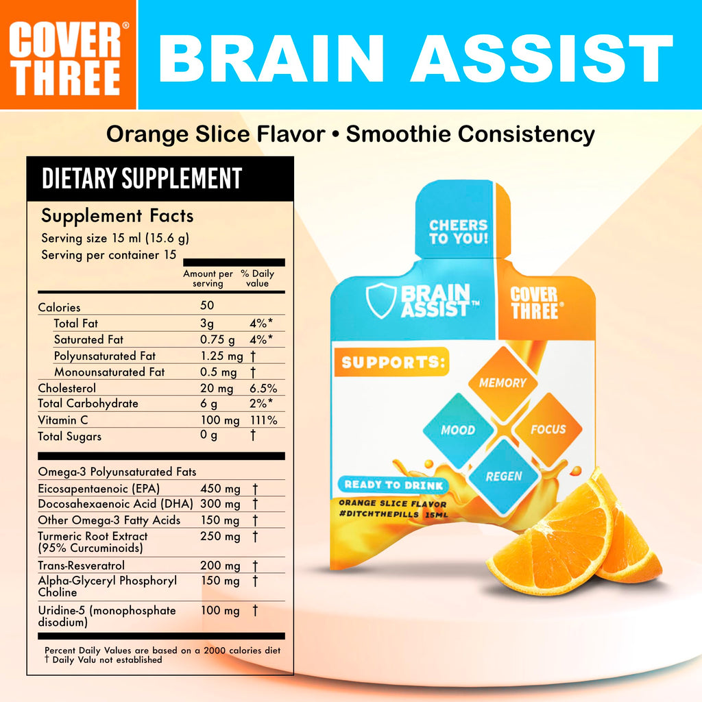 Cover Three Brain Assist Brain Supplement, Nutritional Focus Supplement with Curcumin, Uridine, Orange Slice Liquid Brain Support Formula, High Performance Memory Supplements