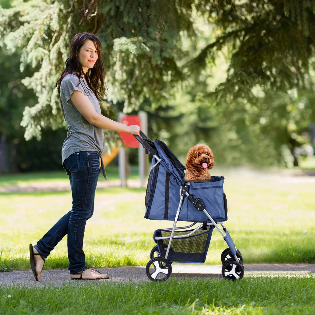 Pet Stroller 4 Wheels Dog Cat Stroller for Small Medium Dog Cats Carrier Jogger Travel Foldable Puppy with Storage Basket and Cup Holder (Navy Blue)