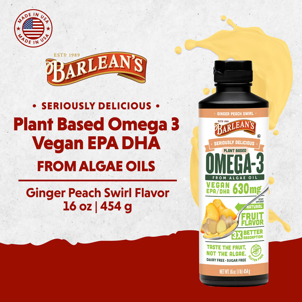 Barlean's Ginger Peach Vegan Omega 3 Supplement, Liquid Algae Oil with 630 mg EPA & DHA, Plant Based Omegas from Algal Oil, Non-GMO & Gluten Free, 16 oz