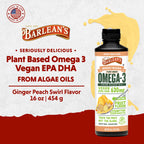 Barlean's Ginger Peach Vegan Omega 3 Supplement, Liquid Algae Oil with 630 mg EPA & DHA, Plant Based Omegas from Algal Oil, Non-GMO & Gluten Free, 16 oz