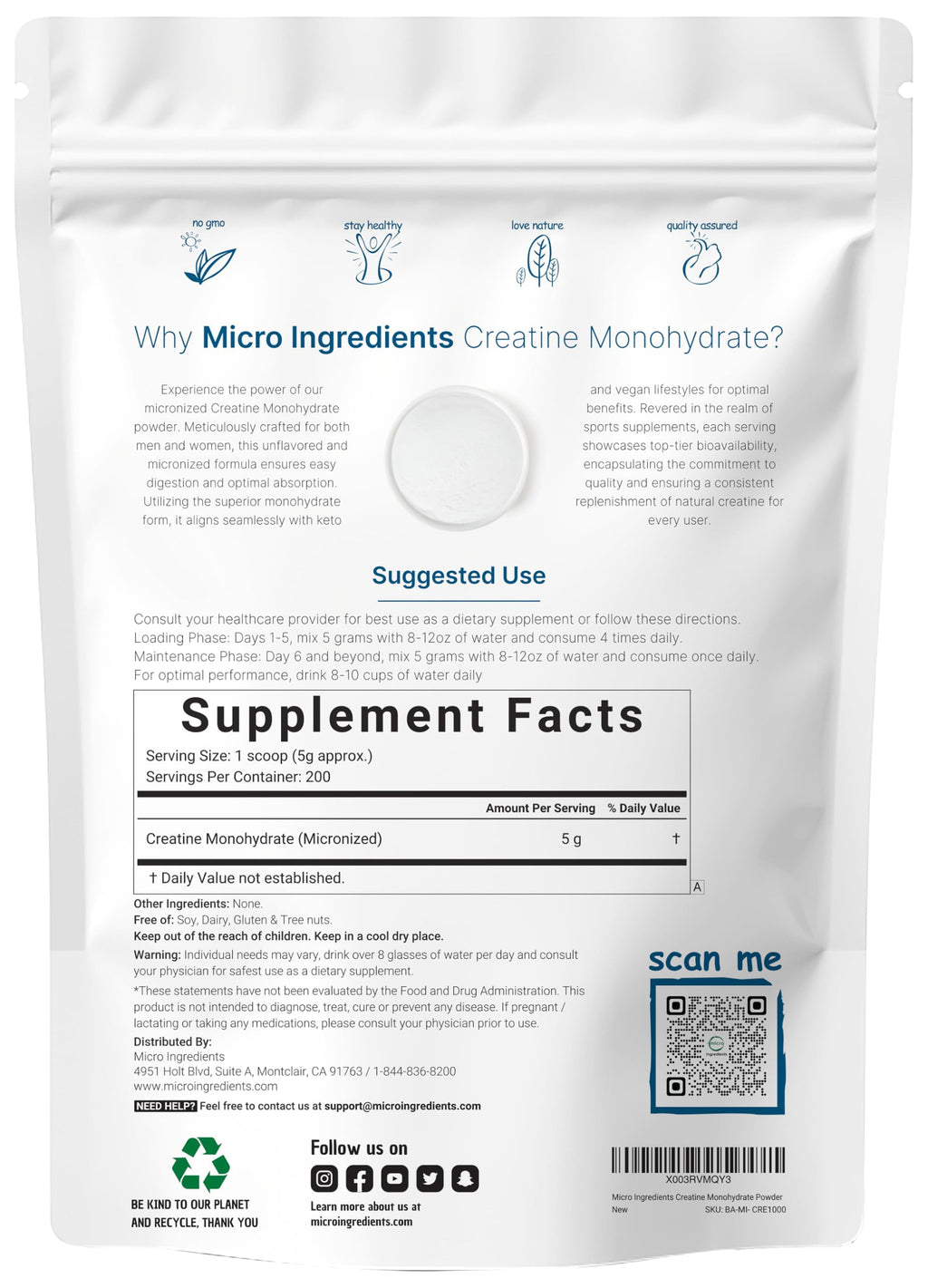 Creatine Monohydrate Powder 1 kg (2.2 Lbs), 5000mg Per Serv, Micronized Creatine Powder, Unflavored, Pure, No Filler, Keto & Vegan Friendly, Easy Dissolve Pre Workout Creatine for Women and Men