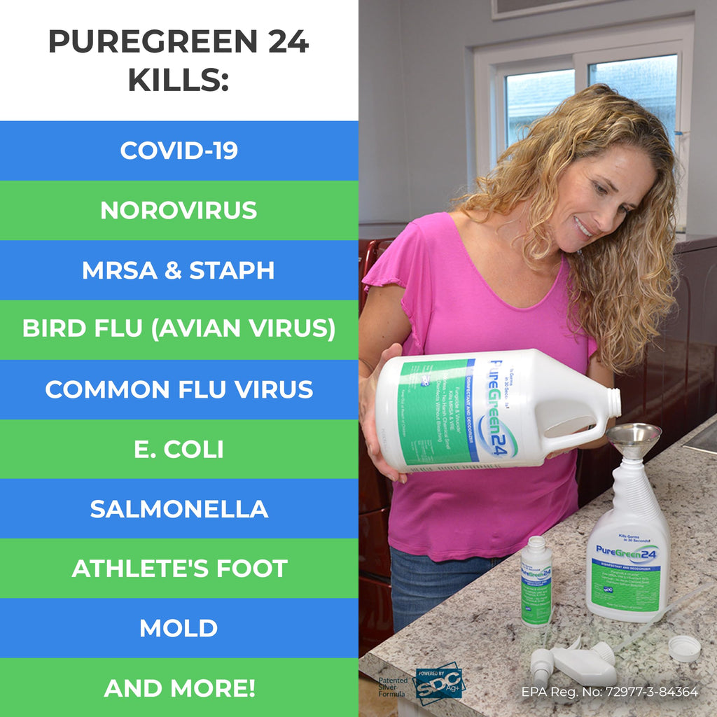 PureGreen24 Safe & Effective Disinfectant. Kills Deadly Germs including RSV COVID-19 Norovirus MRSA Staph 2026 flu Contains no toxic chemicals odorless child & pet safe 4 gallon bottles ready to use