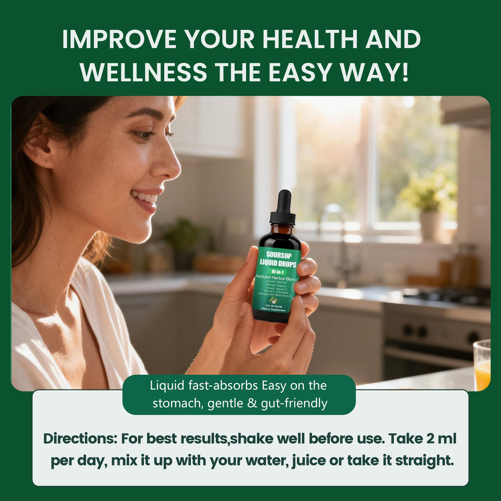 Soursop 10 in 1 Extract Drops, Soursop Bitters Liquid Drops with Sea Moss, Turmeric, Moringa, Oregano, Black Seed Oil, Ashwagandha, Chlorophyll, Sugar/Gluten Free, Natural Flavor (1)