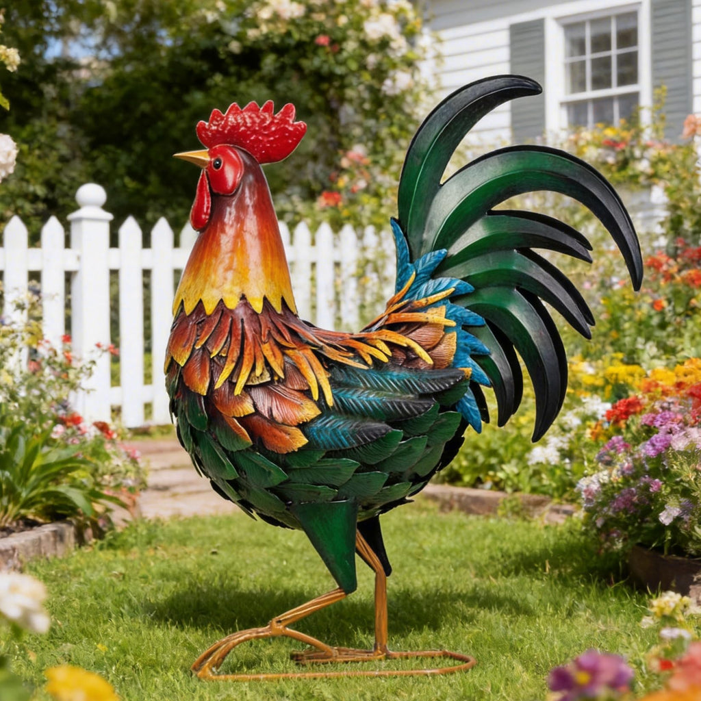 Ratuor Metal Rooster Decor Garden Statue Chicken Yard Art Outdoor Sculpture