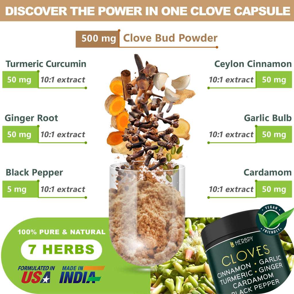Herbpy 7in1 Clove Supplement Rich in Vitamins & Minerals Supports Digestion, Immune & Heart Health with Cinnamon, Turmeric, Ginger, Cardamom, Garlic & Black Pepper - 100 Vegan Capsules