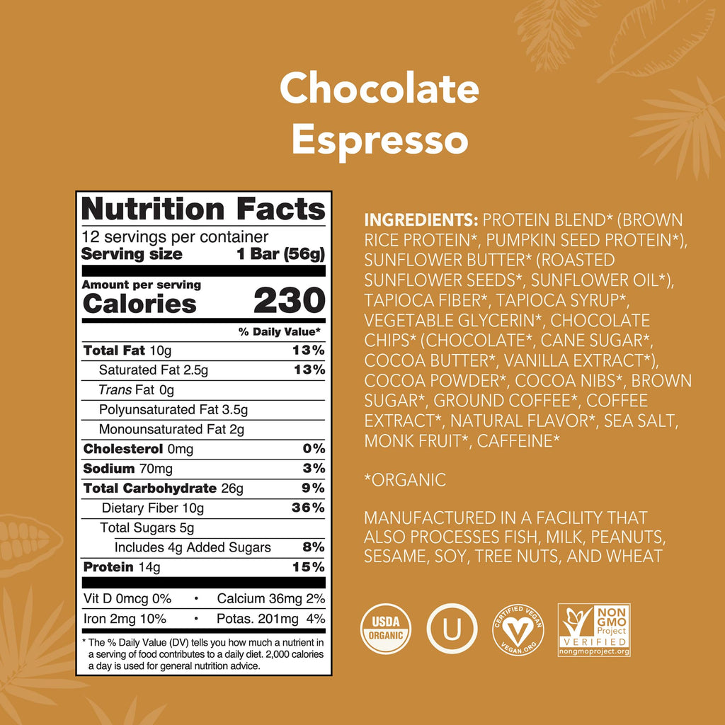 ALOHA Organic Plant Based Protein Bars - Chocolate Espresso (85mg Caffeine) - 12 Bars, Vegan, Low Sugar, Gluten-Free, Paleo, Low Carb, Non-GMO, No Stevia, No Erythritol
