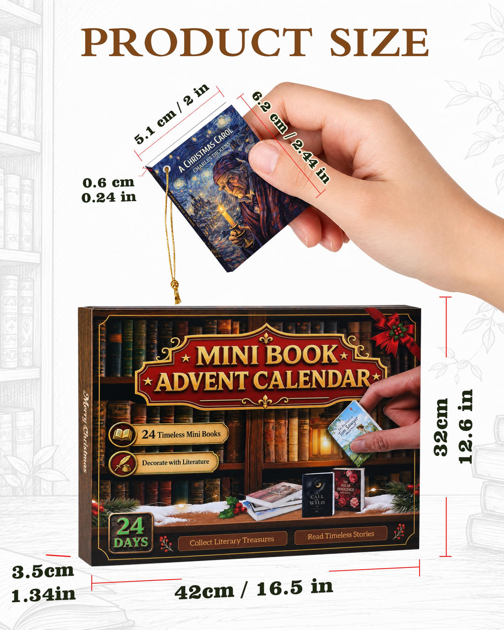 Mini Book Advent Calendar 2026 for Book Lovers, 24 Christmas Ornaments