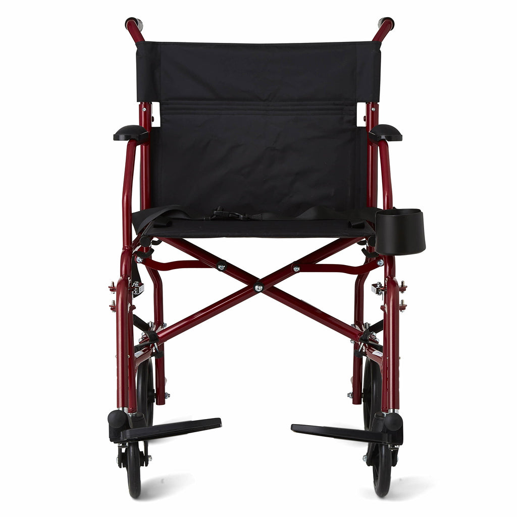 Medline Ultra Lightweight Transport Wheelchair for Adults, Foldable, 19-Inch Seat Width, Red Frame, Black Upholstery