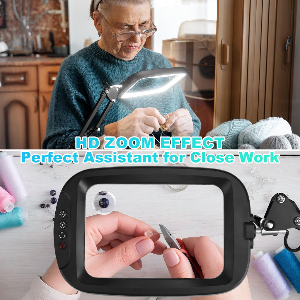 10X 30X Extra Large Magnifying Glass with Light and Clamp, Rectangle Hands Free Magnifier with 5 Color Modes, Adjustable LED Lighted Magnifying Desk Lamp for Reading Close Work Craft Painting (Black)