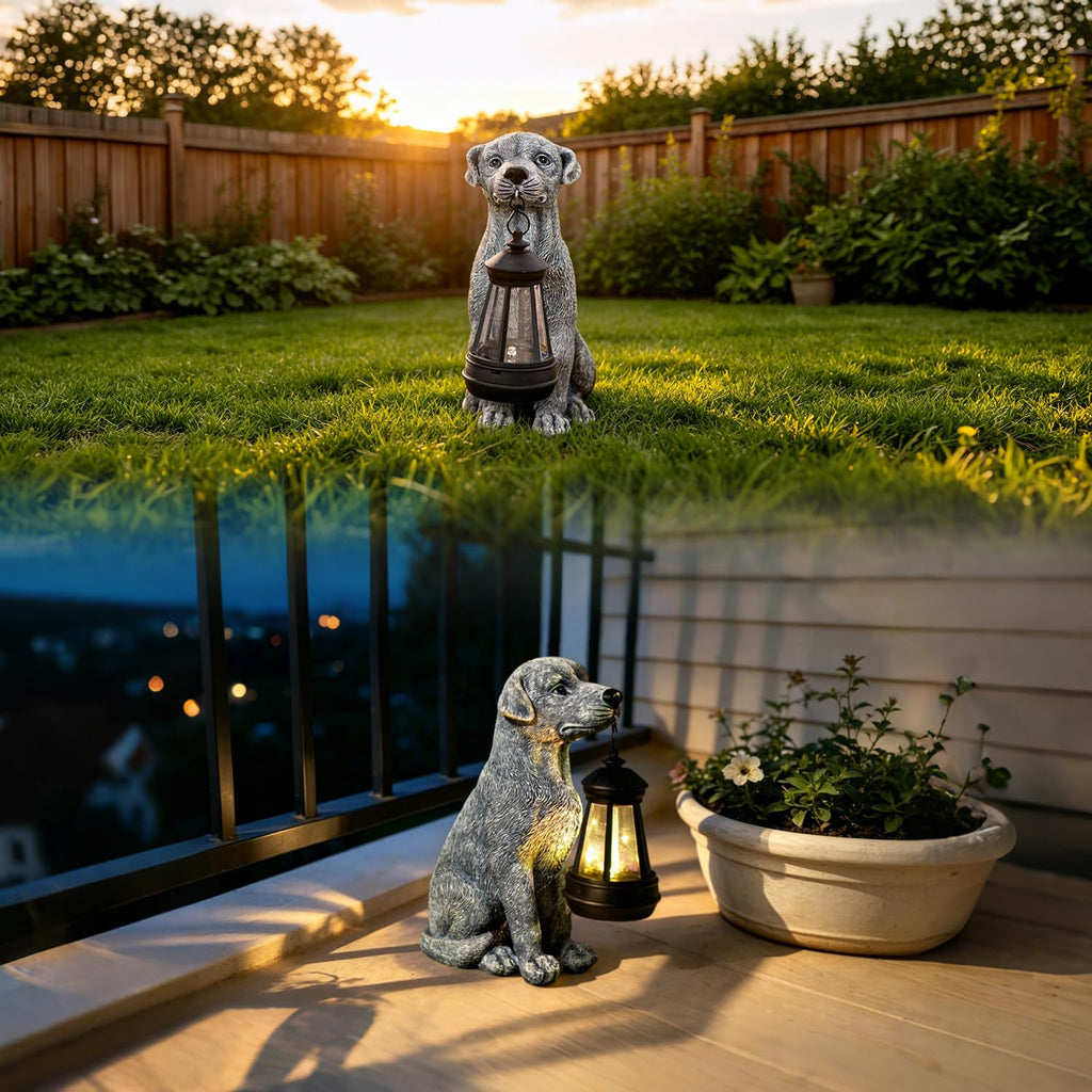 Goodeco Dog Statue with Solar Lantern - Cute Garden Dog Figurines