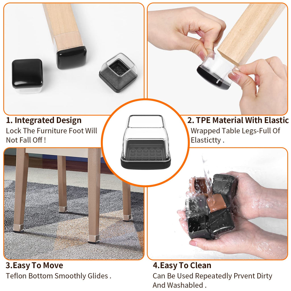 Ezprotekt Chair Leg Sliders for Carpet, 24 Pcs Square Chair Glides for Carpet, Carpet Furniture Pads Stool Leg Protectors Caps, Carpet Furniture Glides Quickly and Easily (L Fit:1" - 1.4")