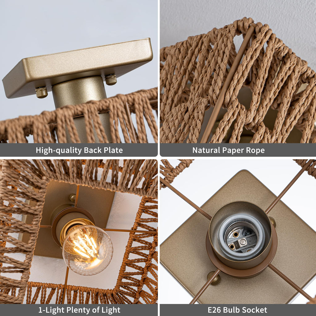 Rpzloila Rattan Ceiling Light, Gold Boho Light Fixture, Square Flush Mount Ceiling Light for Bedroom, Hallway, Entryway, Kitchen, Cabinet