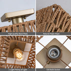 Rpzloila Rattan Ceiling Light, Gold Boho Light Fixture, Square Flush Mount Ceiling Light for Bedroom, Hallway, Entryway, Kitchen, Cabinet