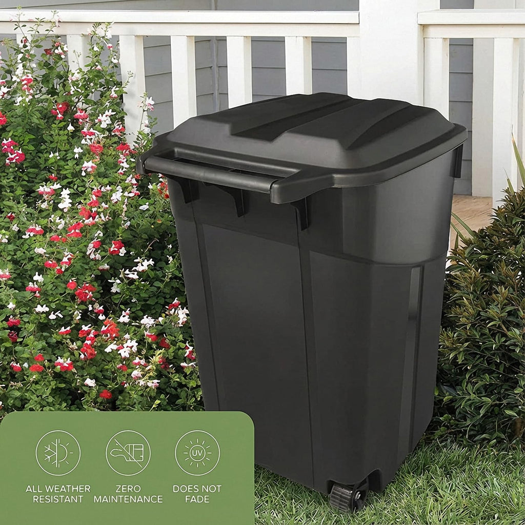 32 Gallon Outdoor Trash Can with Lid, Heavy-Duty Wheeled Garbage Bin for Backyard, Deck or Garage, Black, Can with Attached Snap Lock Lid and Heavy-Duty Handles (32 Gallon)