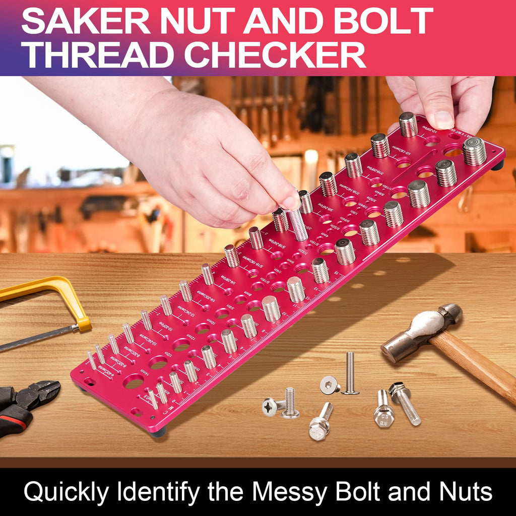 51-in-1 Bolt Size Finder & Thread Checker, 32 Metric & 32 SAE Nut and Bolt Thread Gauge with 19 Drill Bit Checker, CNC-Machined Aluminum Screw Size Chart, Go/No-Go ANSI Standard, Non-Slip Base