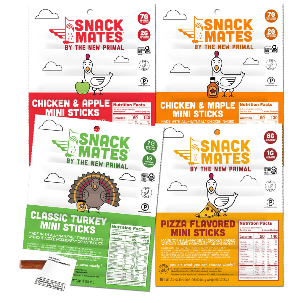 Snack Mates by New Primal Sampler Four Flavor Pack, Mini Meat Sticks, High Protein and Low Sugar Kids Snack, Gluten Free, Soy Free, Paleo, Lunchbox Friendly, 20 Count