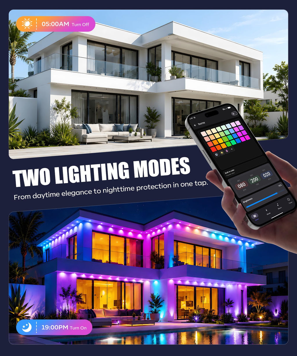 POOFZY Permanent Outdoor Lights 100FT, RGB+IC Smart Outdoor Lights for House, App & Voice Control, Waterproof Outdoor Eave Lights for Christmas Holiday Patio Yard Decor