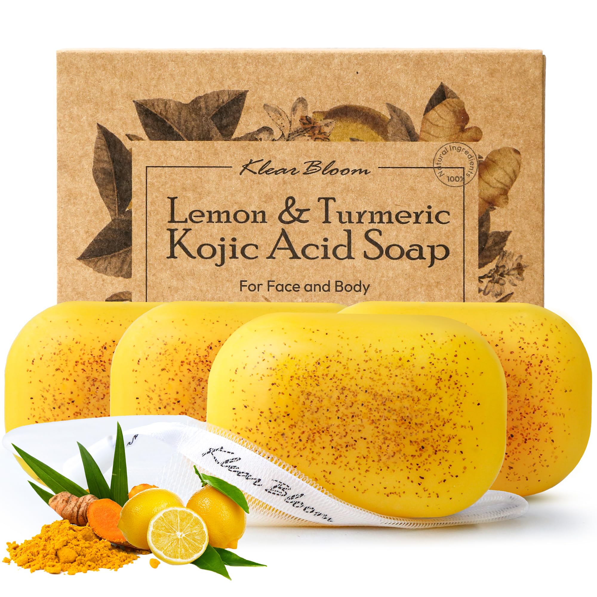 KlearBloom Lemon Turmeric Kojic Acid Soap – Exfoliating Soap with Almond Particles for Dark Spots, Vitamin C and Extra Shea Butter, Gentle Brightening & Moisturizing for Face and Body – 105g x4 Bars