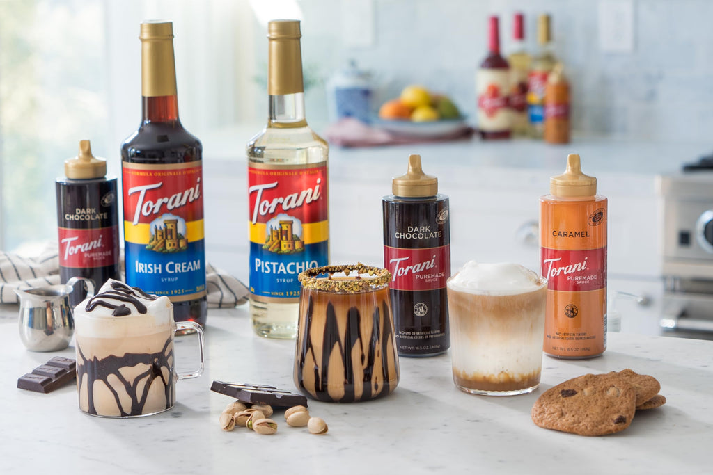 Torani Puremade Dessert & Drink Sauce Variety Pack, Chocolate Caramel, Dark Chocolate, White Chocolate & Caramel, 16.5 fl oz (Set of 4)