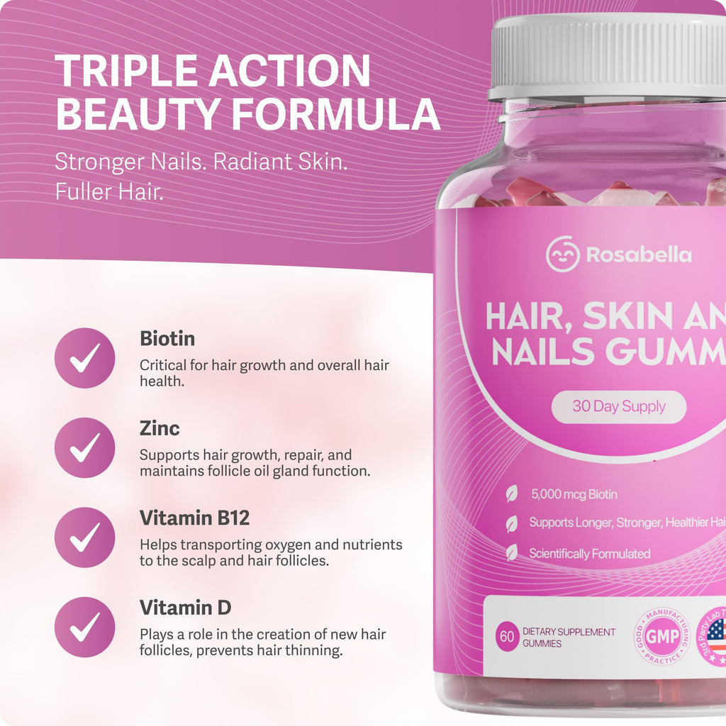 Rosabella® Hair Growth Vitamin Gummies [60 Gummies] Biotin for Faster Hair Growth Women & Men - Nail, Skin (5.000mcg Biotin) (60 Count (Pack of 3))