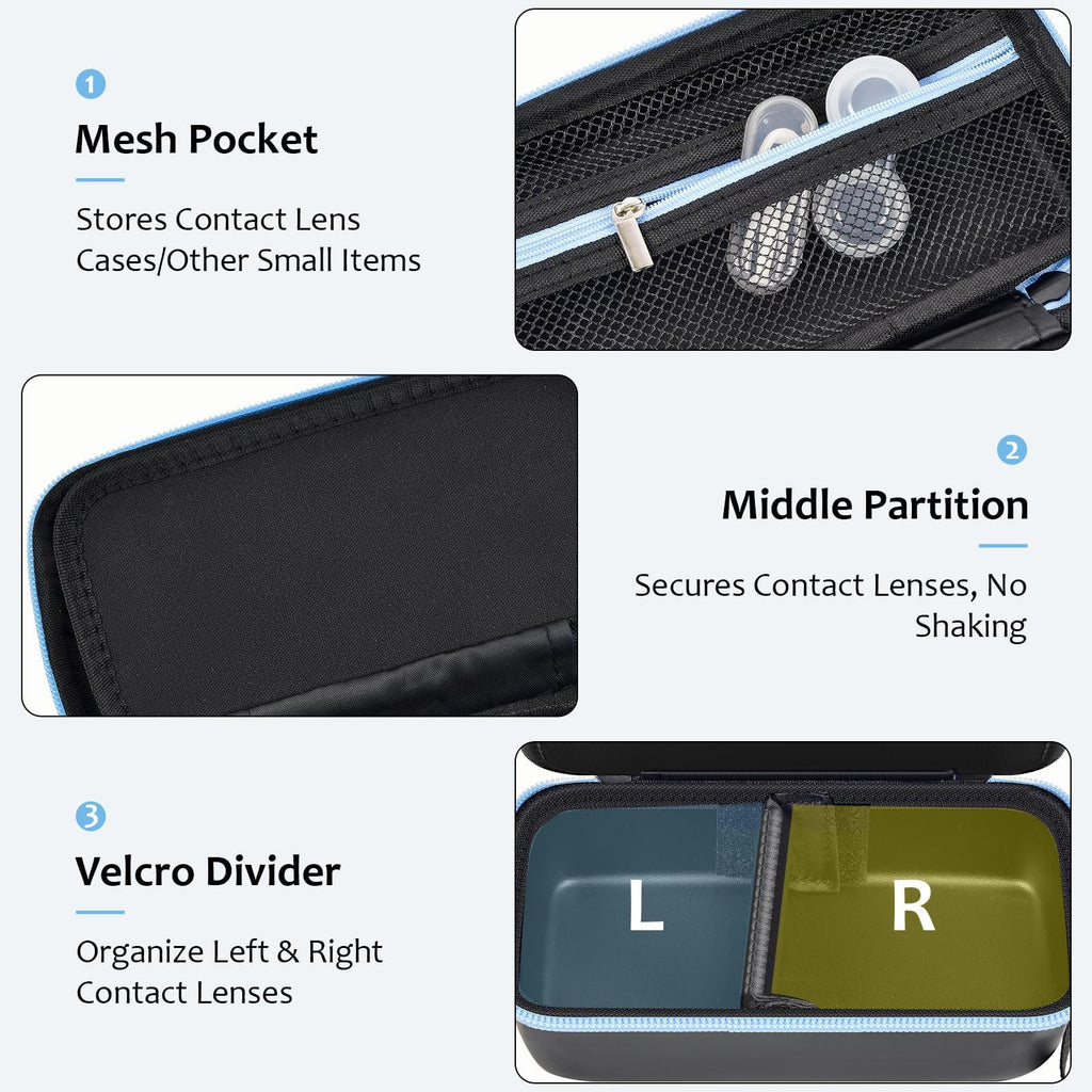 Daily Contact Lens Case Fits 30+ Disposable Daily Lenses, Portable Contact Lens Storage Organizer with Mesh Pocket, Travel Contact Solution for All Brand Cosmetic Lens & Accessories -Black (Case Only)