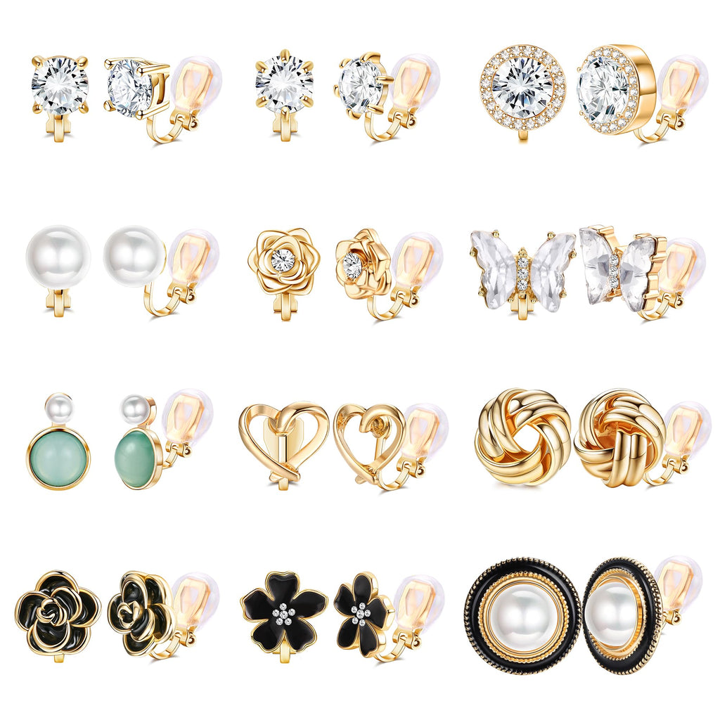 THUNARAZ 12 Pairs Gold Clip on Earrings for Women CZ Pearl Non Piercing
