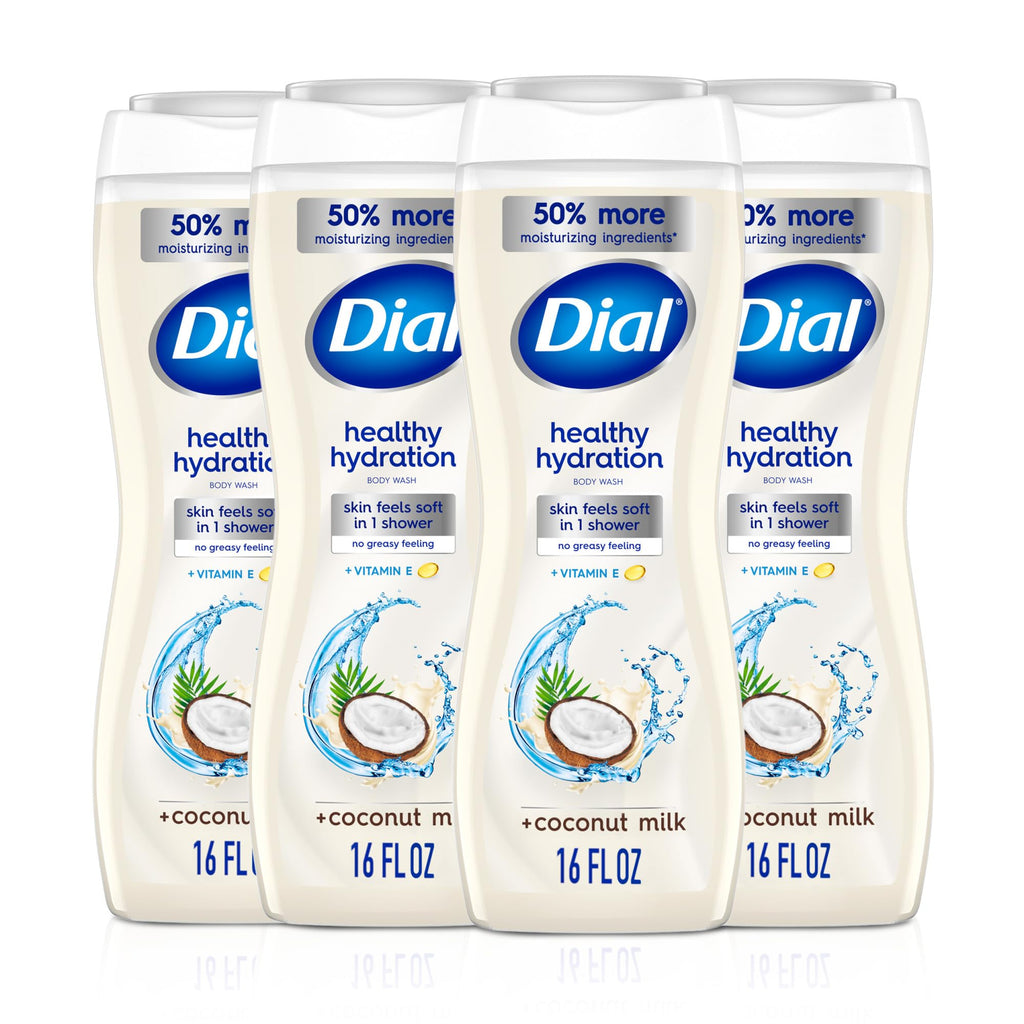 Dial Body Wash, Healthy Hydration, Coconut Milk + Vitamin E, 16 fl oz (Pack of 4), Gentle, Leaves Skin Feeling Soft In 1 Shower, Dermatologist-Tested, No Parabens & Silicones
