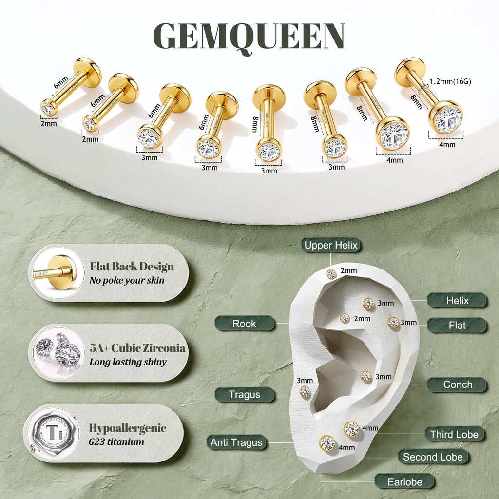 GEMQUEEN 4 Pairs G23 Titanium Flat Back Earrings Hypoallergenic 16G
