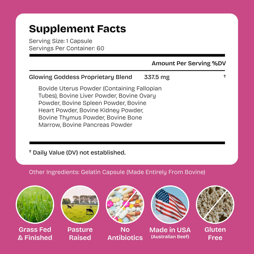 Glowing Goddess Female-Optimized Beef Organ Superfood (Beef Ovary Uterus, Liver, Kidney, Heart, & 6 More) - 100% Grass Fed & Finished, Pasture Raised Cattle, 3rd Party Tested - Nourish Your Inner Glow