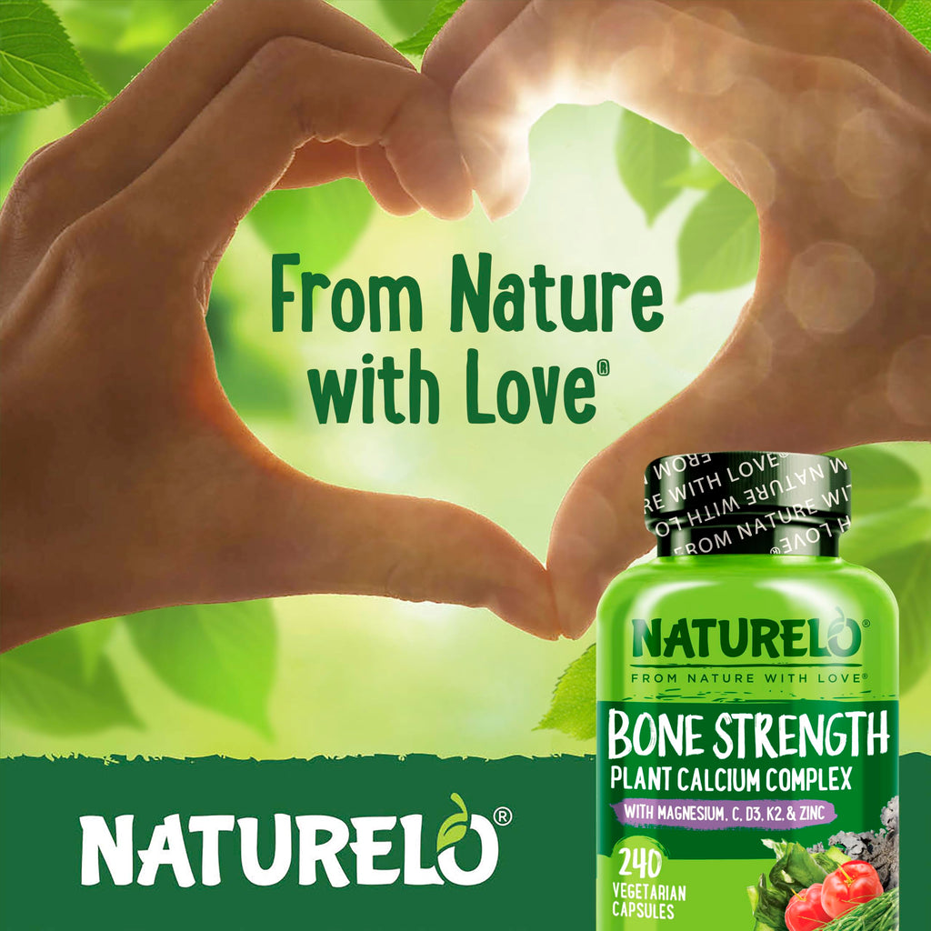 NATURELO Calcium Supplement - with Vitamin C, Vitamin D3, K2, and Calcium Magnesium Zinc for Bone Strength with Calcium 600mg - Plant-Based, 240 Vegetarian Capsules, Non-GMO, Soy & Gluten-Free