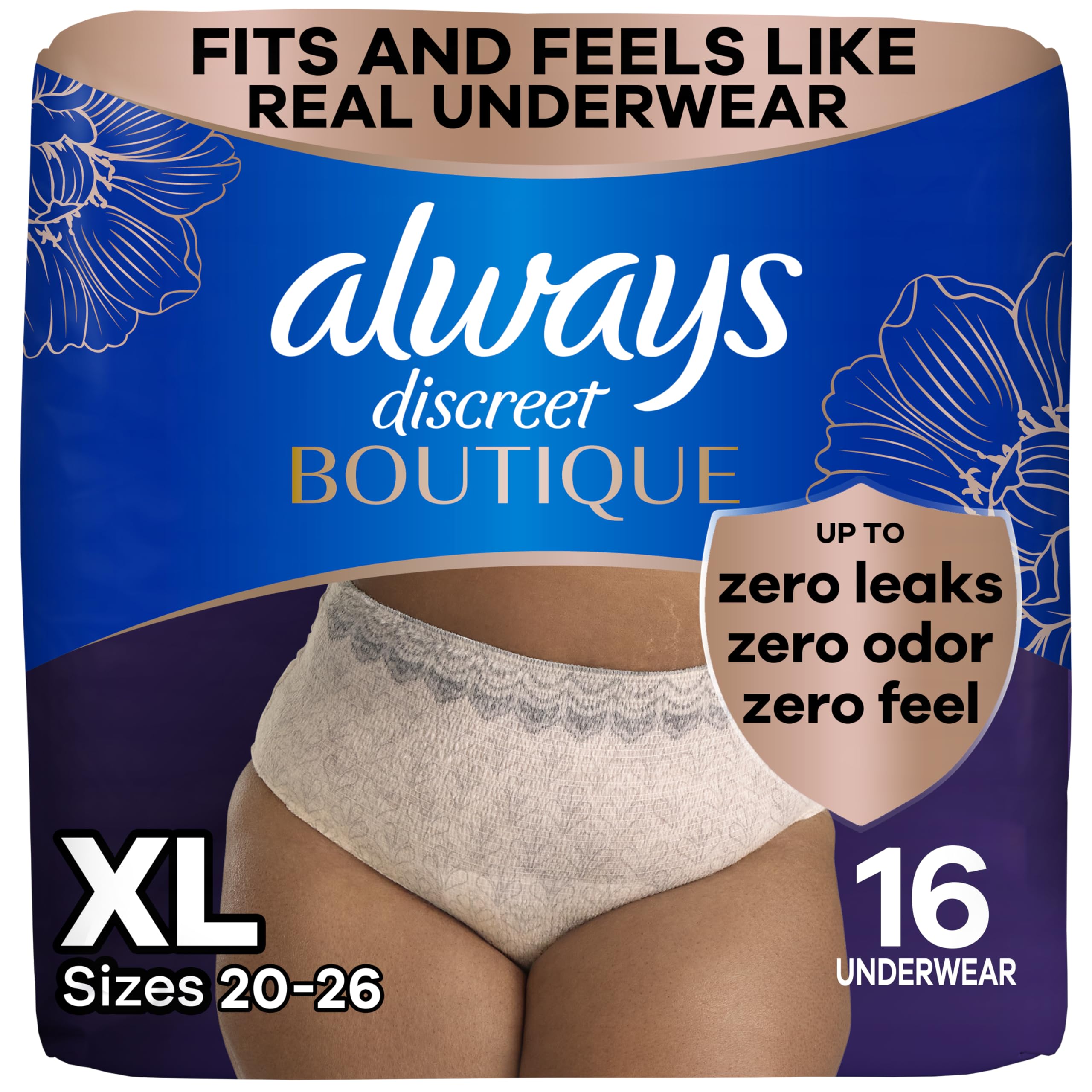 Always Discreet Boutique Incontinence and Postpartum Underwear for Women, Maximum Protection, Extra Large, Rosy, 16 Count